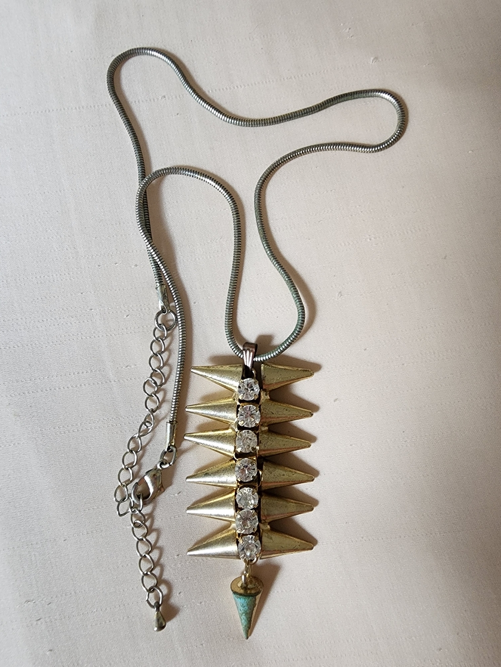 Gold Spike & Crystals Pendant Necklace with Clear Crystal Row